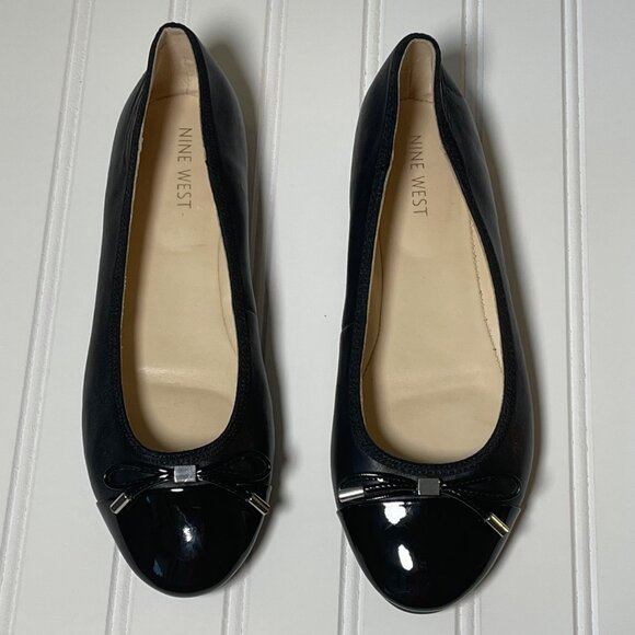 Nine West Jolee Women Cap Toe Ballet Flat 8M Black Leather Round Toe Slip-On Bow - Picture 9 of 10